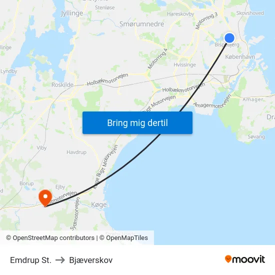 Emdrup St. to Bjæverskov map