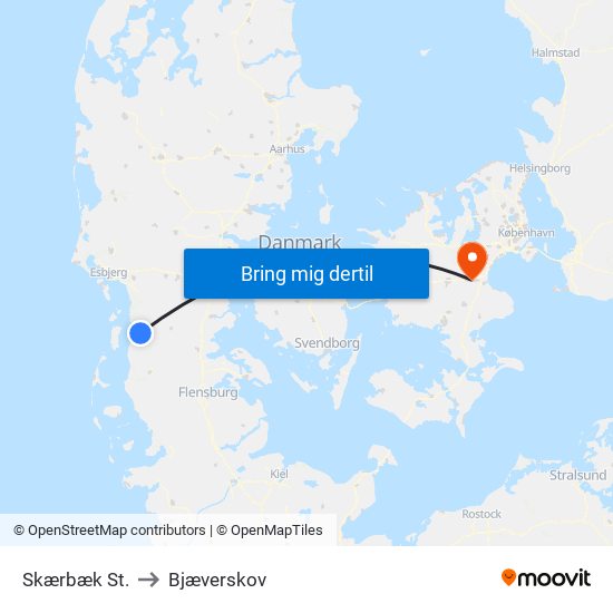 Skærbæk St. to Bjæverskov map