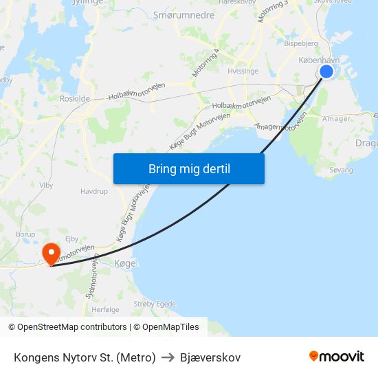 Kongens Nytorv St. (Metro) to Bjæverskov map