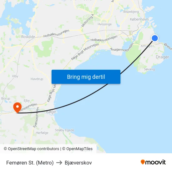 Femøren St. (Metro) to Bjæverskov map