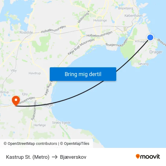 Kastrup St. (Metro) to Bjæverskov map