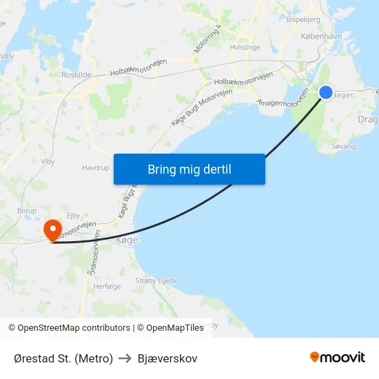 Ørestad St. (Metro) to Bjæverskov map