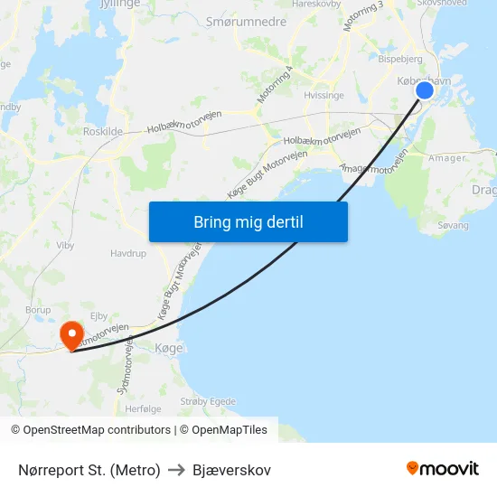 Nørreport St. (Metro) to Bjæverskov map