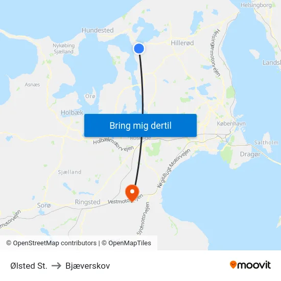 Ølsted St. to Bjæverskov map