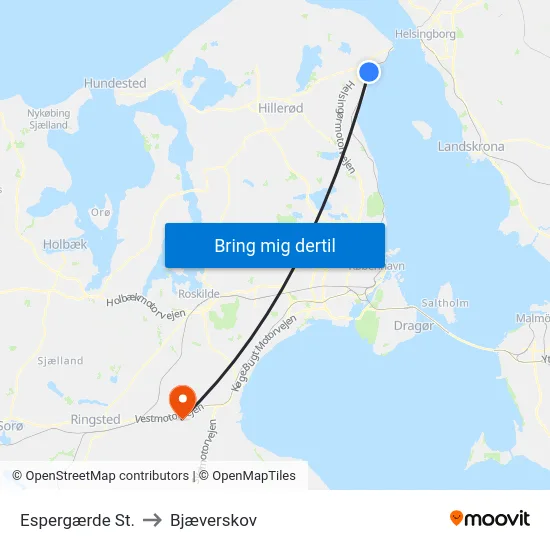 Espergærde St. to Bjæverskov map