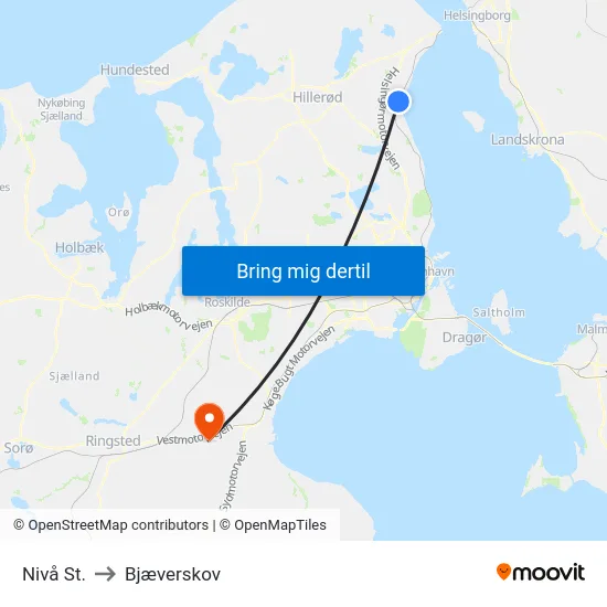 Nivå St. to Bjæverskov map