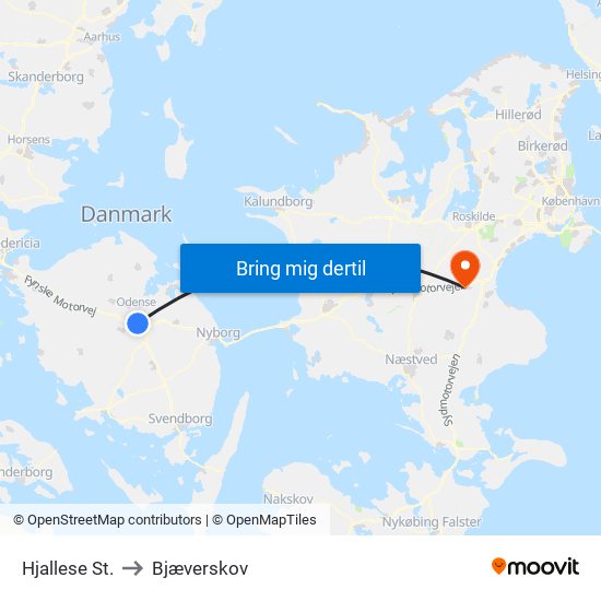 Hjallese St. to Bjæverskov map