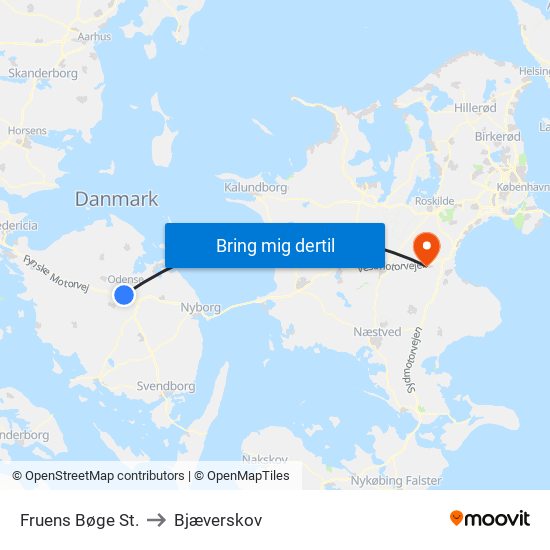 Fruens Bøge St. to Bjæverskov map