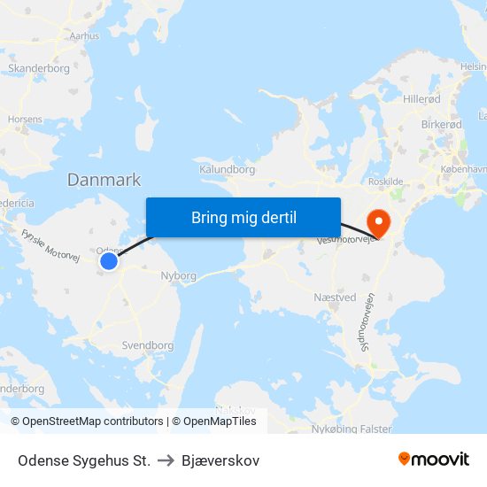 Odense Sygehus St. to Bjæverskov map