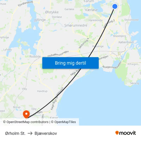 Ørholm St. to Bjæverskov map