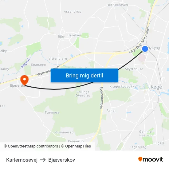 Karlemosevej to Bjæverskov map