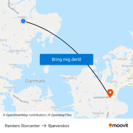 Randers Storcenter to Bjæverskov map