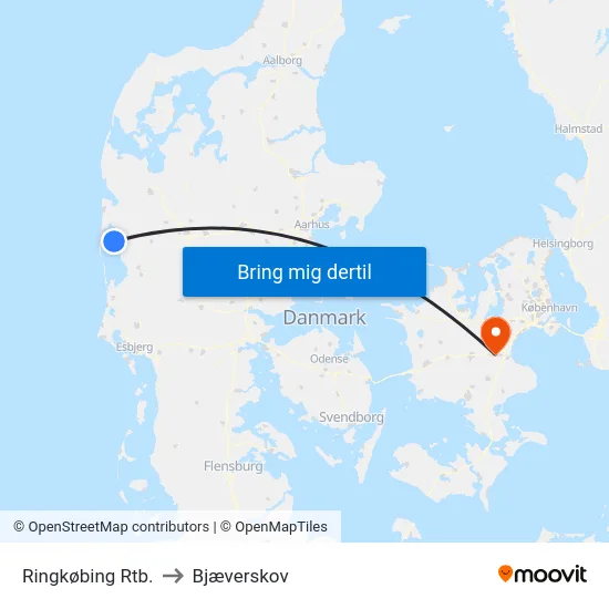 Ringkøbing Rtb. to Bjæverskov map