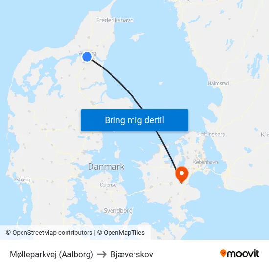 Mølleparkvej (Aalborg) to Bjæverskov map