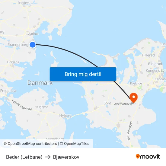 Beder (Letbane) to Bjæverskov map