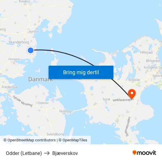 Odder (Letbane) to Bjæverskov map