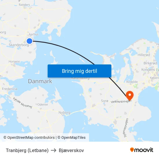 Tranbjerg (Letbane) to Bjæverskov map
