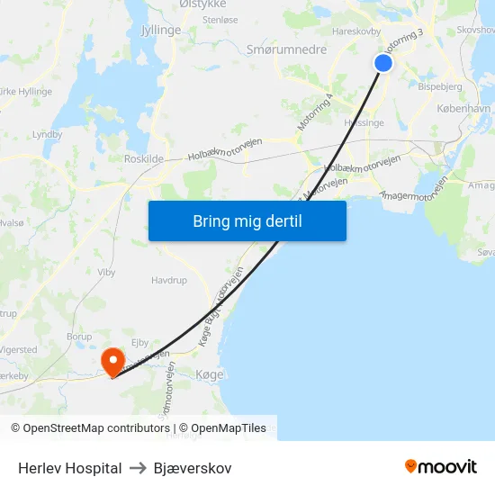 Herlev Hospital to Bjæverskov map
