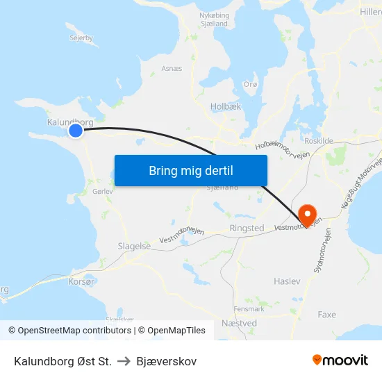 Kalundborg Øst St. to Bjæverskov map