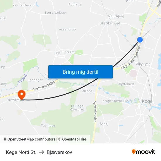 Køge Nord St. to Bjæverskov map