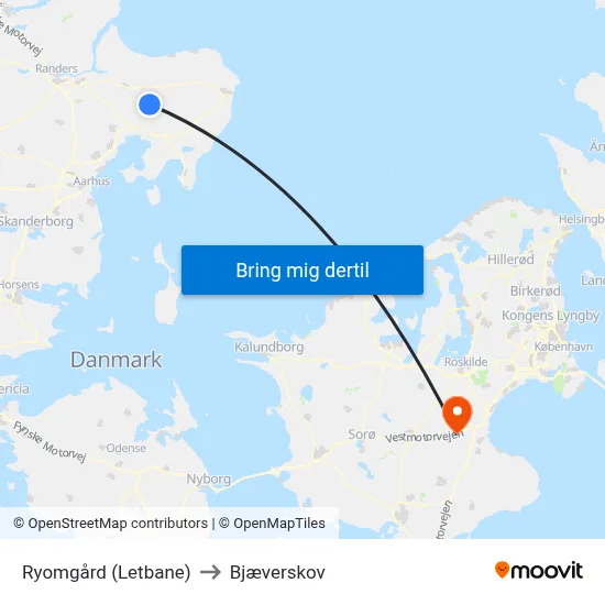 Ryomgård (Letbane) to Bjæverskov map