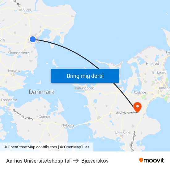 Aarhus Universitetshospital to Bjæverskov map