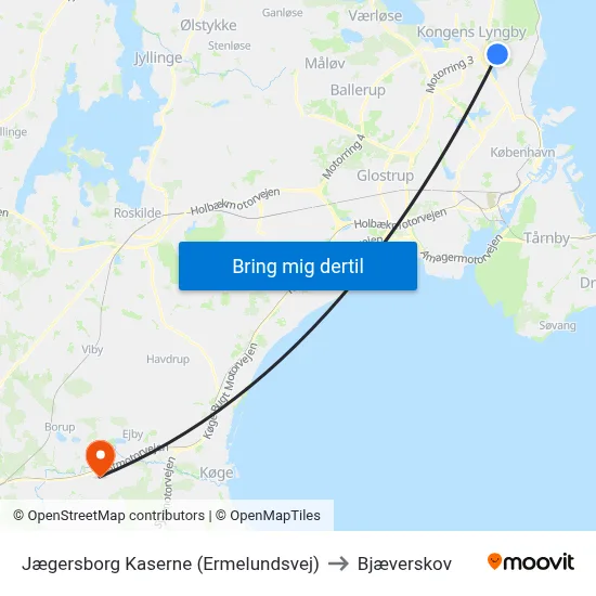 Jægersborg Kaserne (Ermelundsvej) to Bjæverskov map