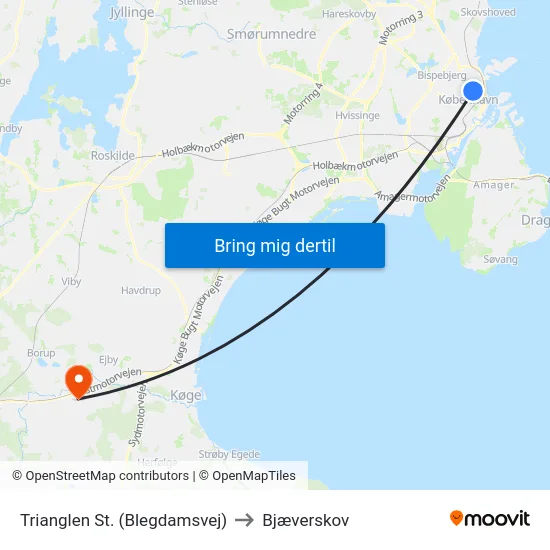 Trianglen St. (Blegdamsvej) to Bjæverskov map