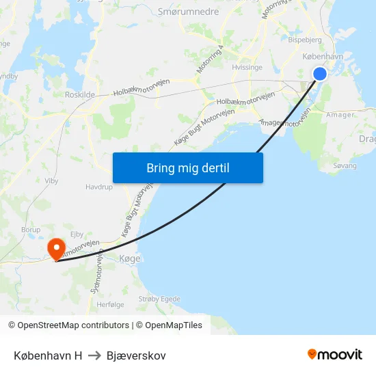 København H to Bjæverskov map