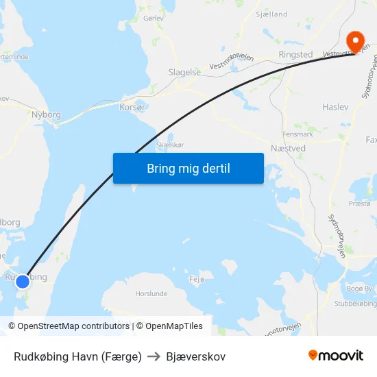 Rudkøbing Havn (Færge) to Bjæverskov map