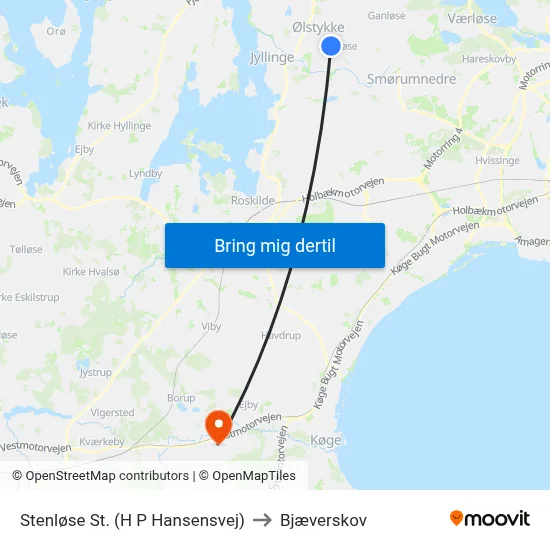 Stenløse St. (H P Hansensvej) to Bjæverskov map