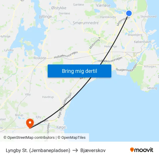 Lyngby St. (Jernbanepladsen) to Bjæverskov map