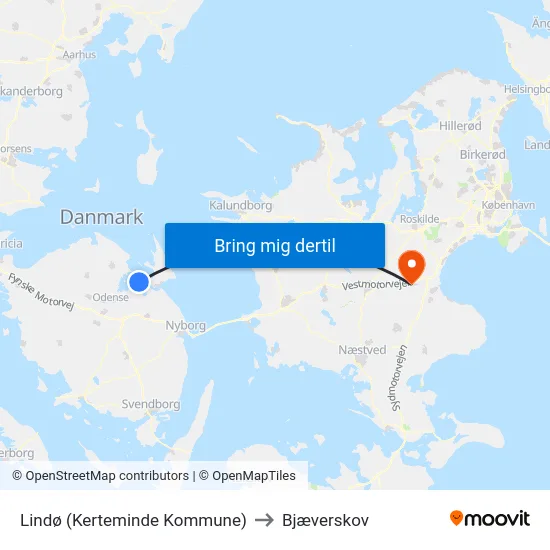 Lindø (Kerteminde Kommune) to Bjæverskov map
