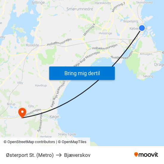 Østerport St. (Metro) to Bjæverskov map