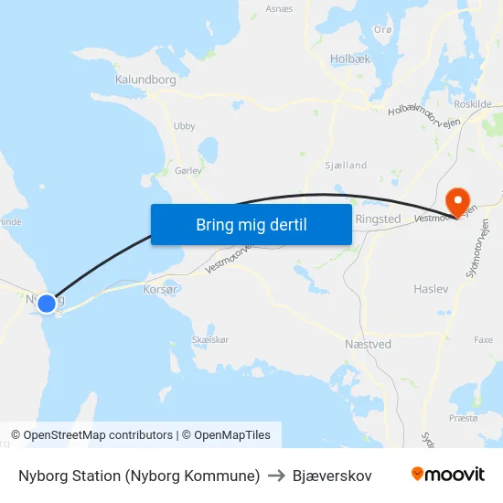 Nyborg Station (Nyborg Kommune) to Bjæverskov map