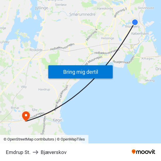 Emdrup St. to Bjæverskov map
