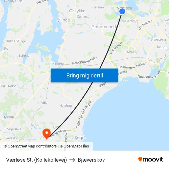 Værløse St. (Kollekollevej) to Bjæverskov map