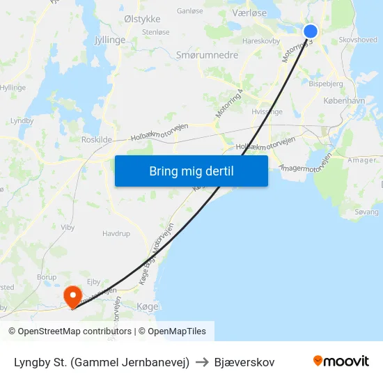 Lyngby St. (Gammel Jernbanevej) to Bjæverskov map