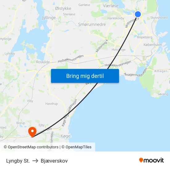 Lyngby St. to Bjæverskov map