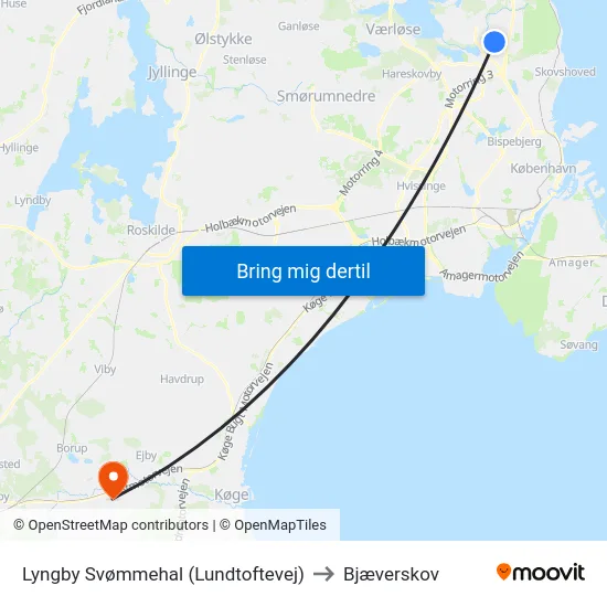 Lyngby Svømmehal (Lundtoftevej) to Bjæverskov map