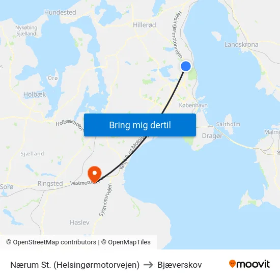 Nærum St. (Helsingørmotorvejen) to Bjæverskov map
