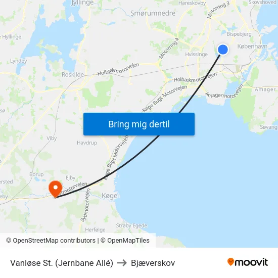 Vanløse St. (Jernbane Allé) to Bjæverskov map