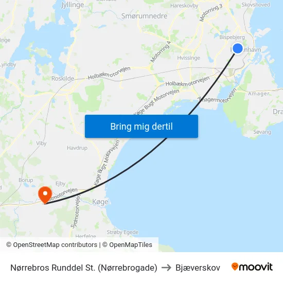 Nørrebros Runddel St. (Nørrebrogade) to Bjæverskov map