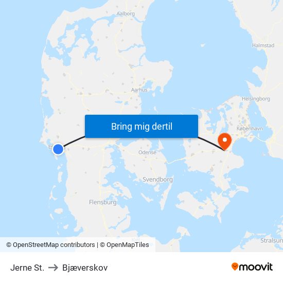 Jerne St. to Bjæverskov map