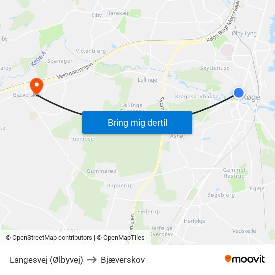 Langesvej (Ølbyvej) to Bjæverskov map