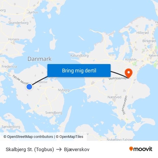 Skalbjerg St. (Togbus) to Bjæverskov map