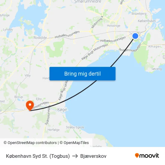 København Syd St. (Togbus) to Bjæverskov map