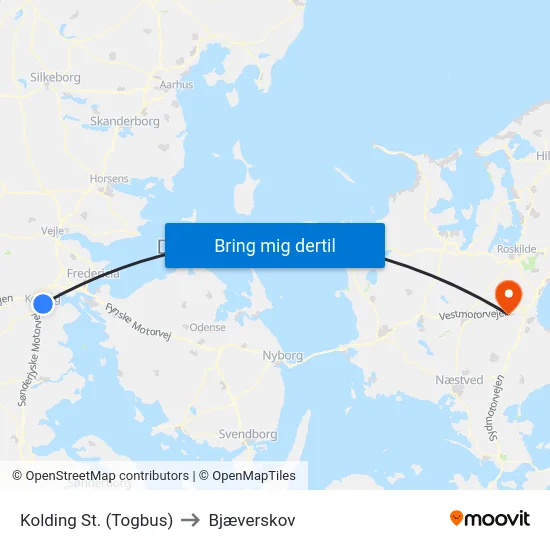 Kolding St. (Togbus) to Bjæverskov map