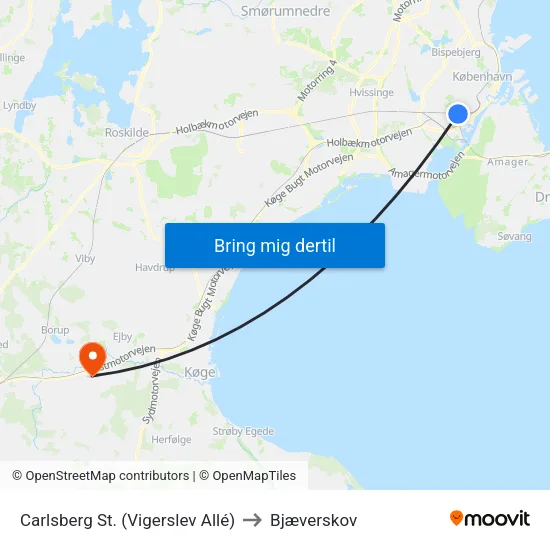 Carlsberg St. (Vigerslev Allé) to Bjæverskov map