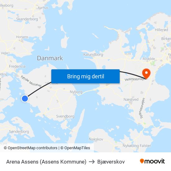 Arena Assens (Assens Kommune) to Bjæverskov map